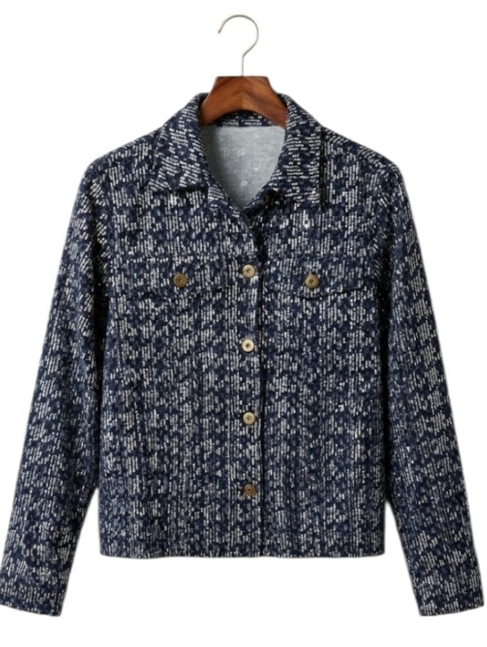 NWt Six/Fifty Sequin Denim Herringbone Jacket Dark Blue Silver XS Oversized - Picture 5 of 5